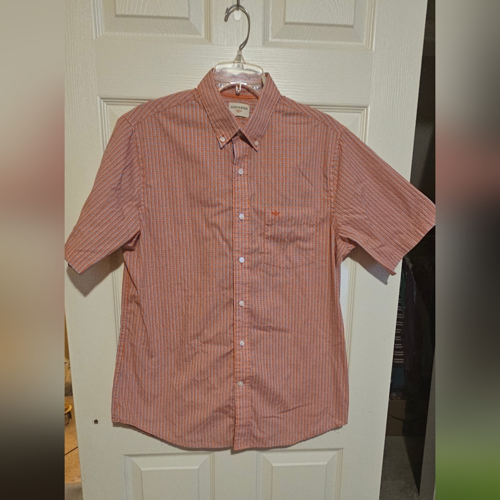 Men's Orange, White & Blue Plaid Short Sleeve Shirt Sz M